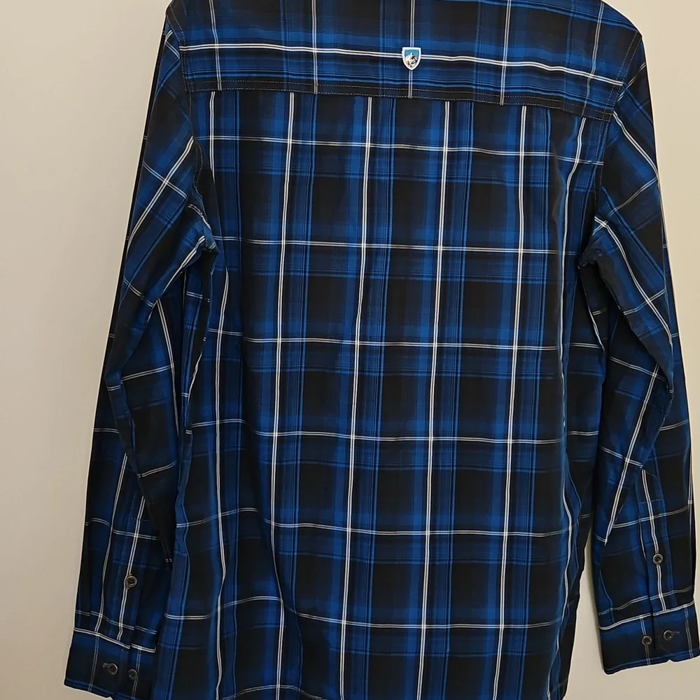 Kuhl Blue Gray White Striped Plaid Button Down Long Sleeve Collar Shirt Mens S - Picture 5 of 8